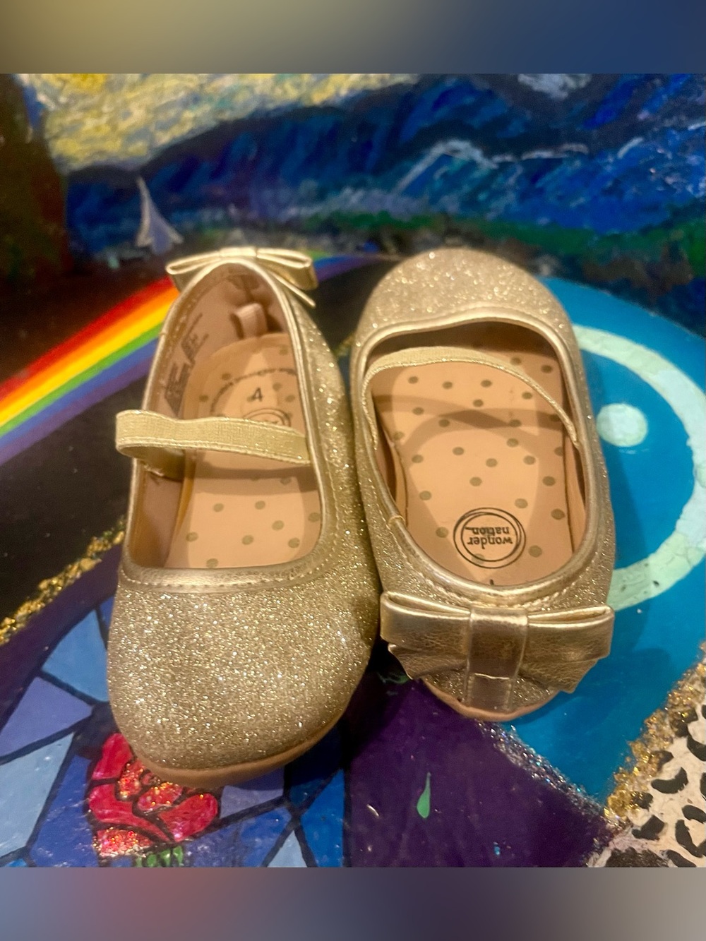 wonder nation Gold Glitter Mary Jane Flats with Bow Toddler Size 4